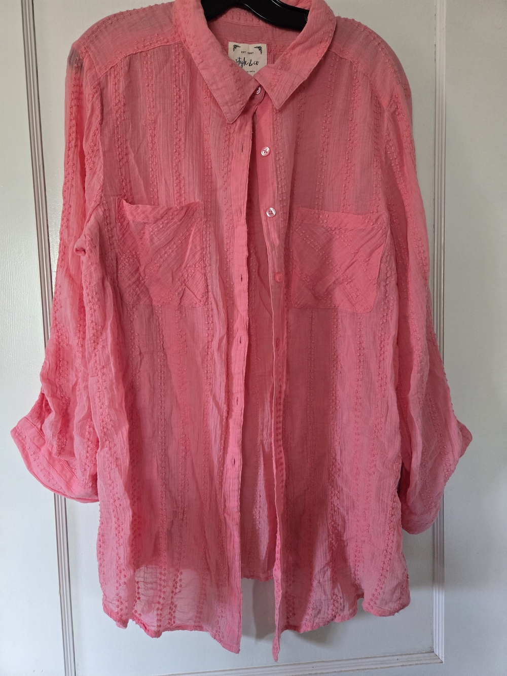 Lightweight Pink Button-Front Women's Sheer Top Roll Tab Sleeve Style & Co Sz XL